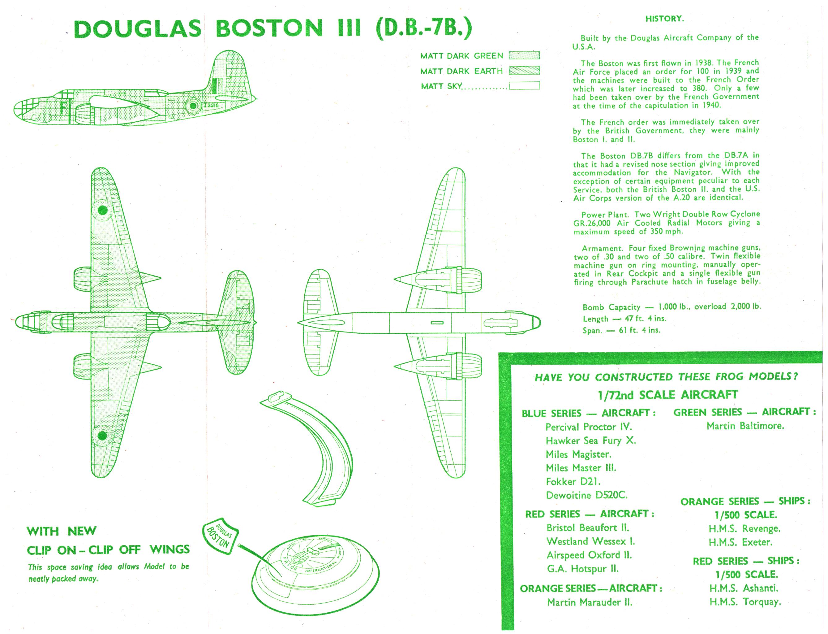 Листок с инструкцией, FROG 151P Douglas Boston, 1964, IMAltd