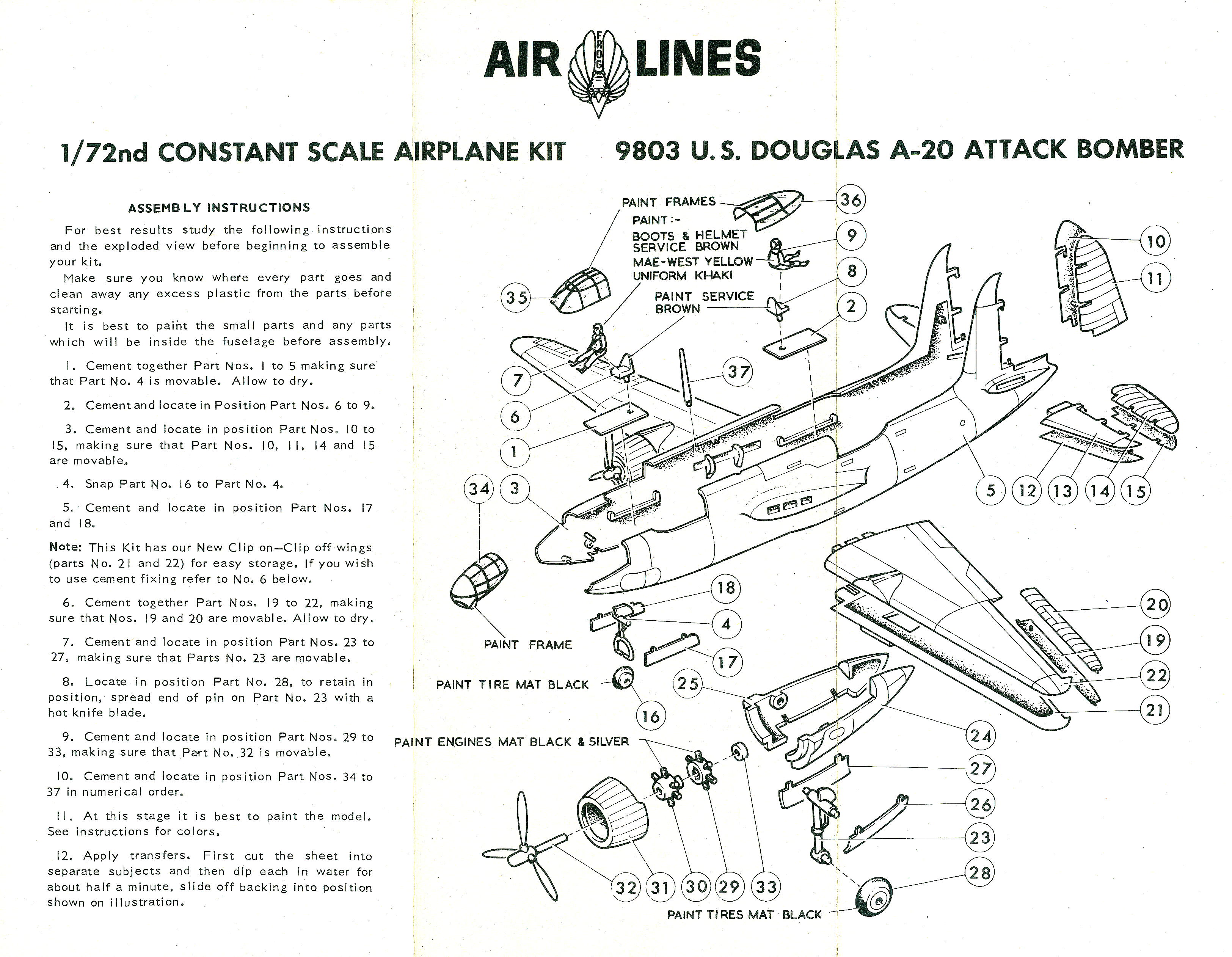 Инструкция по сборке, Air Lines 9803 U.S. Douglas A-20 Attack Bomber, Tri-ang ltd, 1965